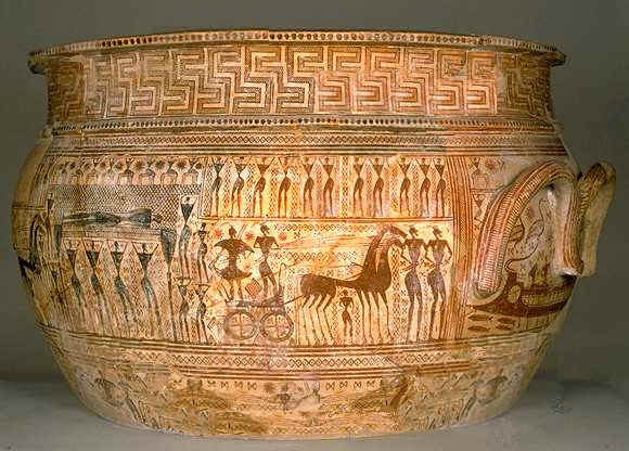 Pottery of Ancient Greece   from the Geometric period showing illustrations of soldiers and chariots