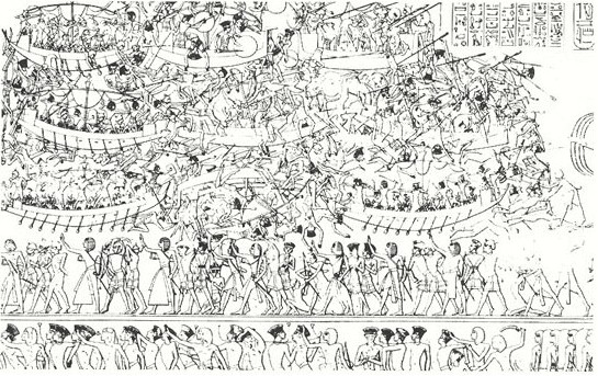 Egyptian Art: Wall Panel at Mendinet Habu showing battle with Sea People