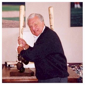 Ralph Kiner Poses with His Bronze Hands