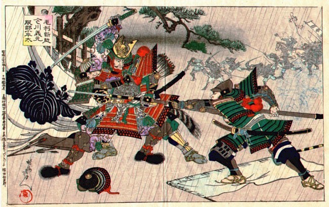 Samurai in conflict  Japnaese wood block print